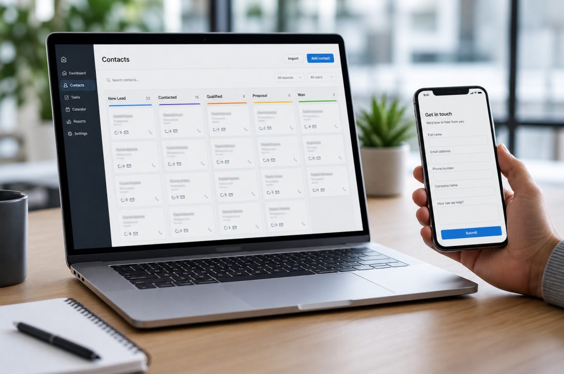 CRM ve lead formu: dizüstü pipeline panosu ve telefonda iletişim formu